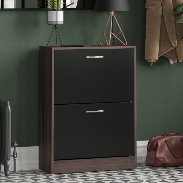 Vida Designs 2 Drawer Shoe Cabinet Shoe Rack Storage Cupboard, Walnut & Black