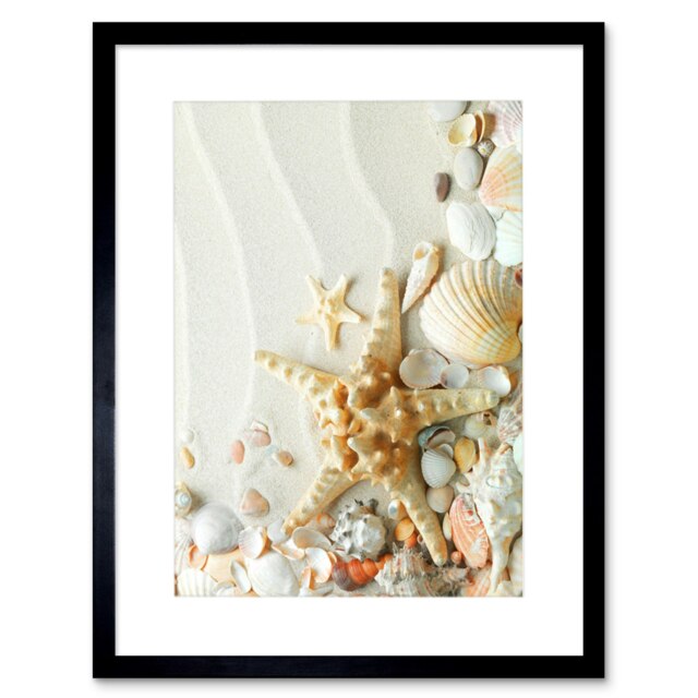 "Photo Sand Starfish Seashells Beach Summer 12x16"" Framed Wall Art Print"