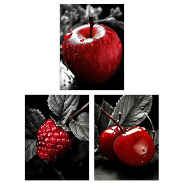 Set of 3 Red Apple Raspberry Cherry Fruit Black White Photograph Kitchen Wall Art Prints 12x16 Inch