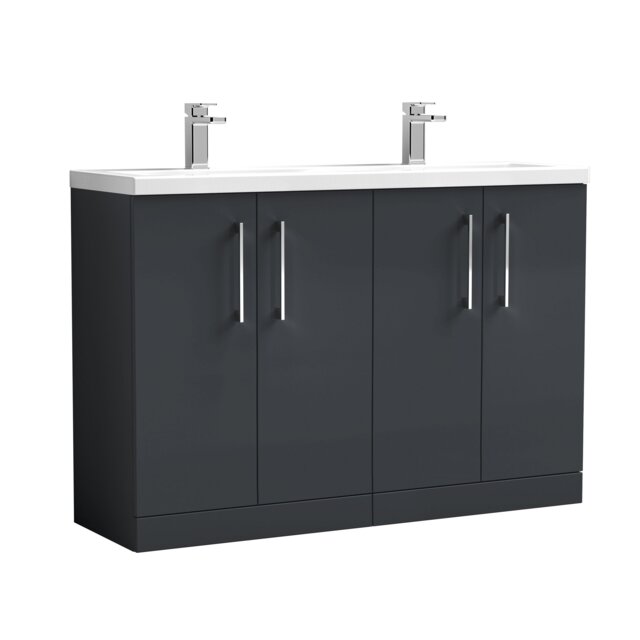 Balterley Level Floor Standing 4 Door Double Basin Vanity Unit for Modern Bathroom Storage Grey Satin Soft Black