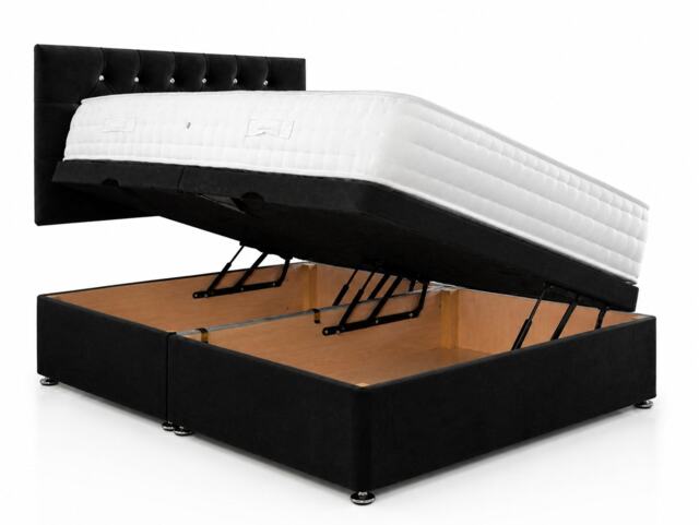 Side Lift 4ft Small Double Black Plush Ottoman Bed With Headboard and Mattress