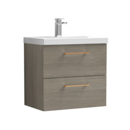 Balterley Wall Hung Bathroom 2 Drawer Vanity Unit and 1 Tap Hole Ceramic Basin, Woodgrain Mid Oak with Handles Brown Solace Oak