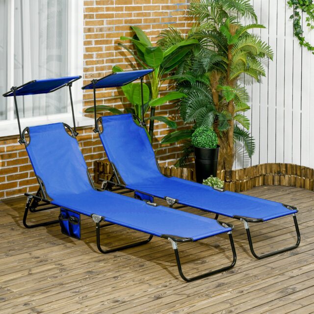 Outsunny 2 Piece Folding Sun Loungers with Adjustable Backrest, Blue Blue