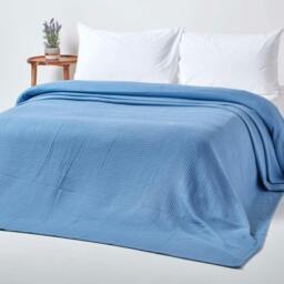 Homescapes Organic Cotton Waffle Blanket/ Throw Blue - 250 x 230 cm