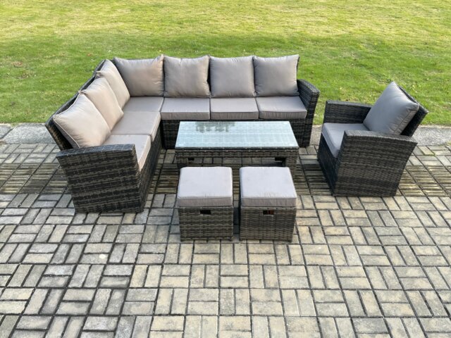 Fimous 9 Seat Rattan Garden Furniture Corner Sofa Set Outdoor Patio Sofa Chair Table Set with 2 Small Footstools Dark Grey Mixed