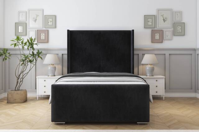 "Sloomy Devonshire Black Naples Bed Frame With 50"" Upholstered Wingback Headboard 4'6 Double"