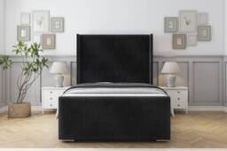 "Sloomy Devonshire Black Naples Bed Frame With 50"" Upholstered Wingback Headboard 4'6 Double"