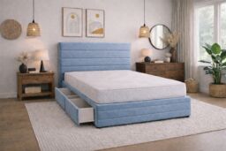 Divan Bed Set Headboard and Footboard with Mattress 3ft Single Ice Blue Suede Storage 2 Drawers Left Side Laying in Bed