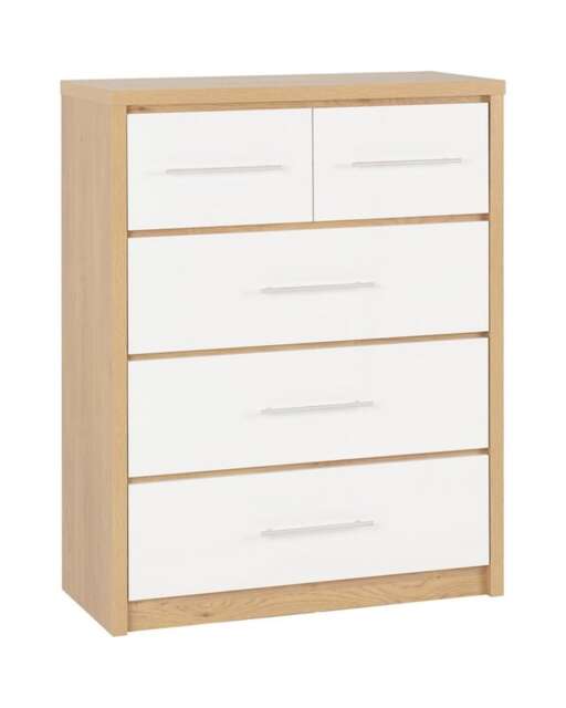Seville 3+2 Drawer Chest - L39.5 x W85 x H110.5 cm - White High Gloss/Light Oak Effect Veneer