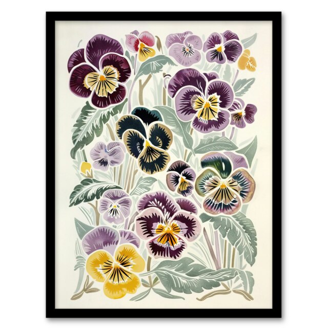 Floral Purple Yellow Pansies Wildflower Home Decor Black Framed Wall Art Print A4