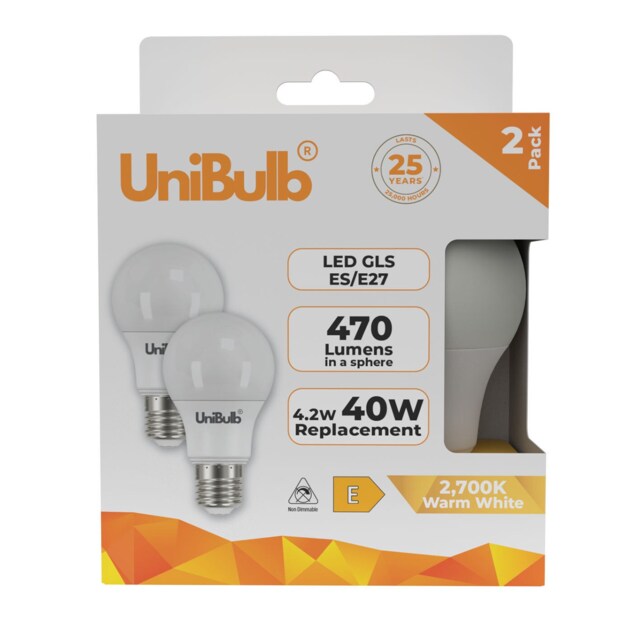 UniBulb LED GLS E27 Edison Screw (ES) 470lm 4.2W (Replaces 40W) 2700K (Warm White) Light Bulb - Pack of 2