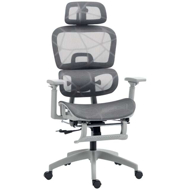 HOMCOM Ergonomic Office Chair, Mesh High Back Computer Desk Chair with 3 Level Adjustable Back, Adjustable Lumbar Support, Swivel Recliner with 3D Armrest, Headrest, Footrest, Grey Grey