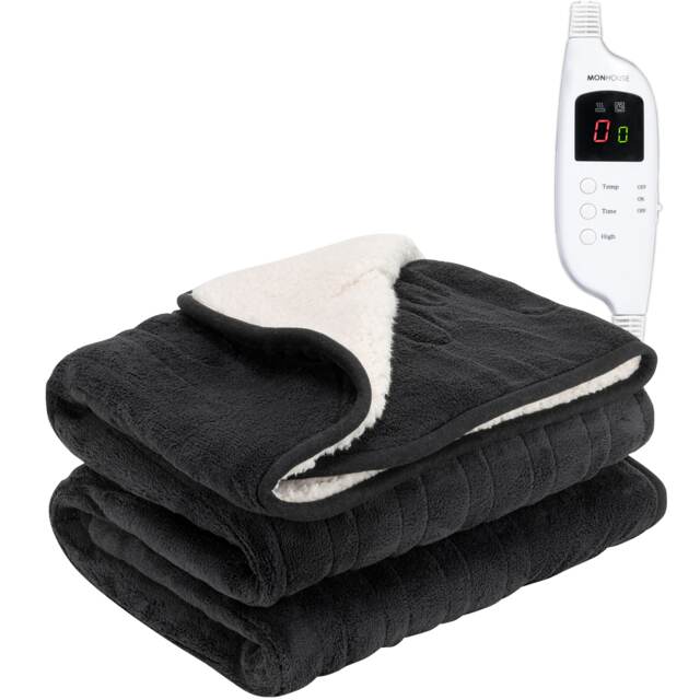 Monhouse Heated Throw - Electric Blanket - Digital Controller - 9H Timer, 9 Heat Settings, Auto Shutoff - Single 130X160Cm Black Black Shearling 1