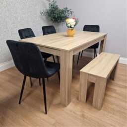 Modern Oak Effect Dining Table Set With 4 Black Velvet Chairs And Bench Dining Room Furniture Black One Size 6
