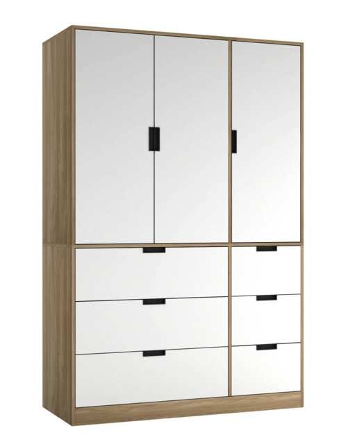 RIGA 3 Door 6 Drawer Wardrobe Brown Oak & White 10 x 44.5 x 79 1