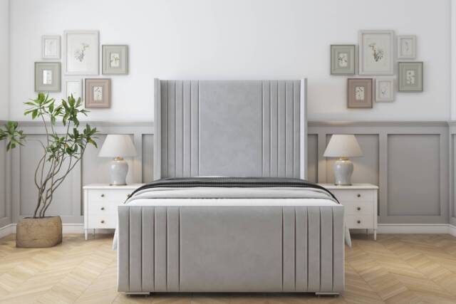 "Sloomy Camden Silver Plush Bed Frame With 50"" Upholstered Wingback Headboard 5' King"