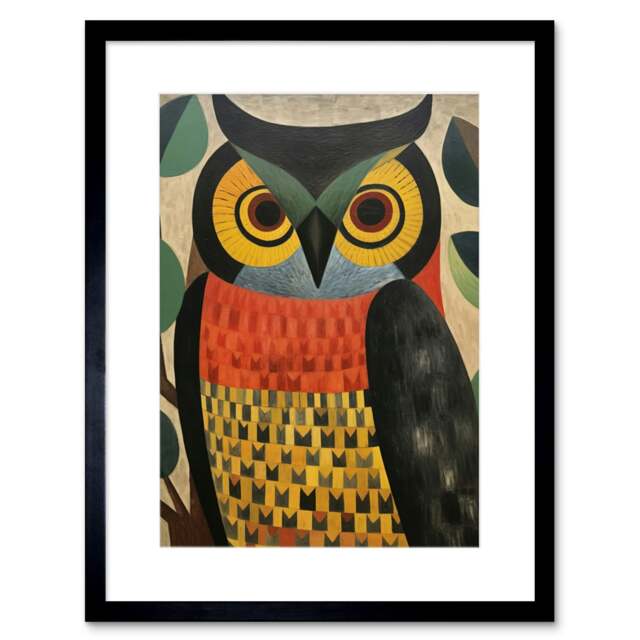 "Folk Art Geometric Owl Boho Colours 9x7"" Black Framed Wall Art Print"