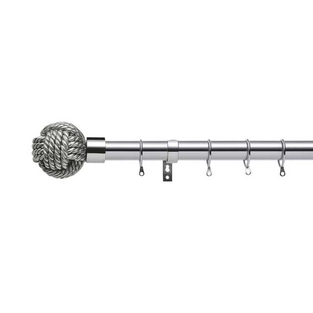 Lister Cartwright 28mm Polished Steel Fixed Metal Curtain Pole Set Rings with Knotted Ball Finial Easy fit (120 cm)