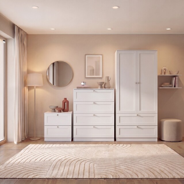 Vida Designs Altino 3 Piece Bedroom Set (2 Drawer Bedside, 4 Drawer Chest, 2 Door 2 Drawer Wardrobe), White