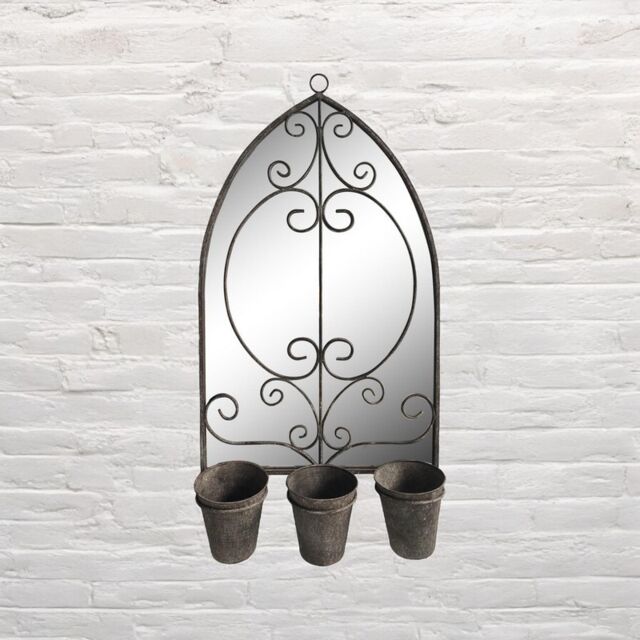Rusty Wall Mirror with Triple Planter - Distressed Metal - L15 x W45 x H73 cm Black