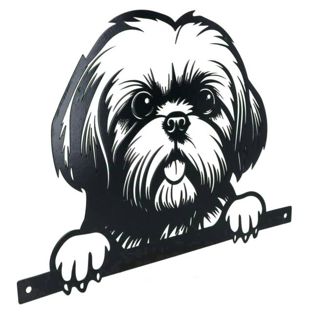 Black Metal Peeking Shih Tzu Silhouette with Fixing Plate Garden Ornament Gift