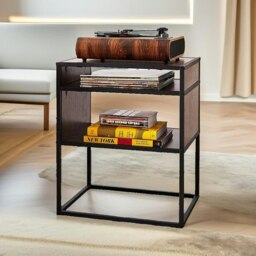 Industrial Square Side Table With Open Storage Dark Walnut Brown