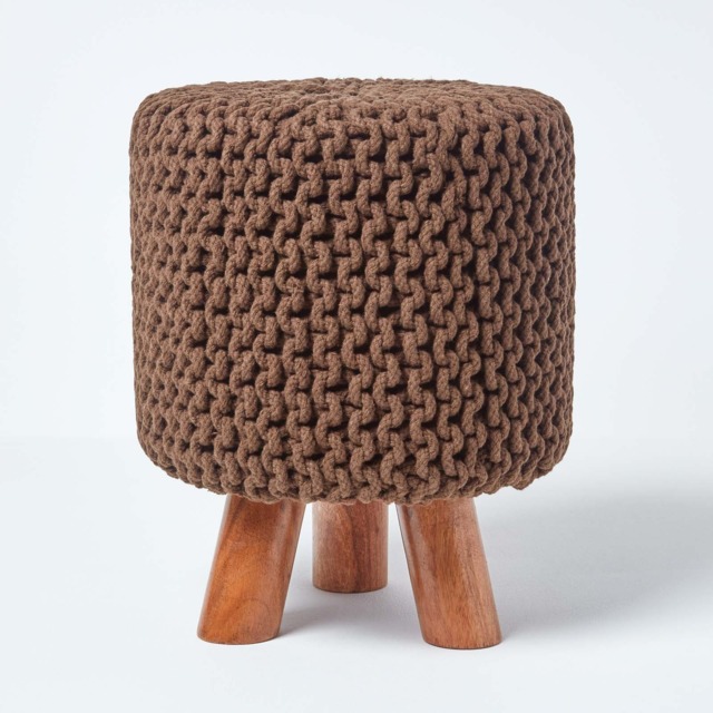 Homescapes Chocolate Brown Tall Cotton Knitted Footstool on Legs