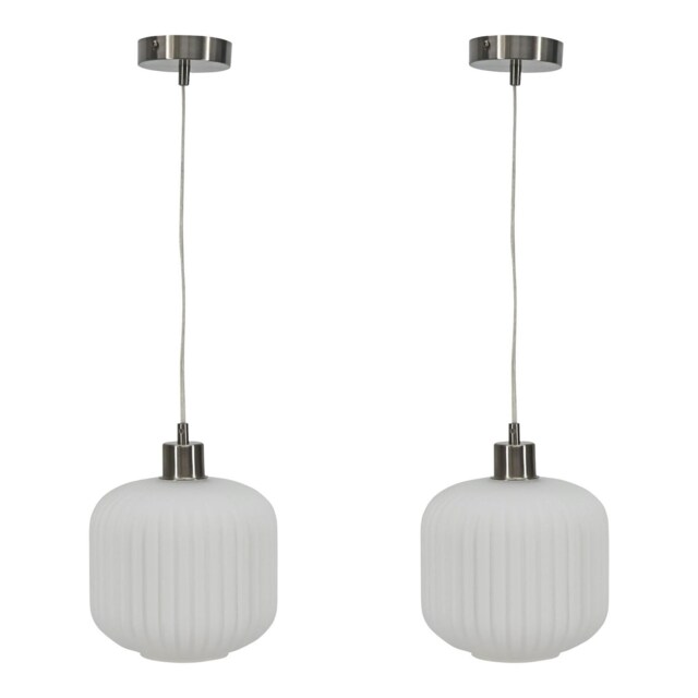 Set of 2 Bento - White Ribbed Glass with Satin Nickel Pendant Fittings White White 2