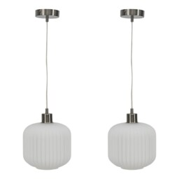 Set of 2 Bento - White Ribbed Glass with Satin Nickel Pendant Fittings White White 2