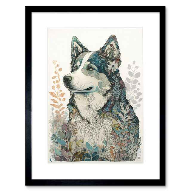 "Siberian Husky Dog Nature Spirit Animal 9x7"" Black Framed Wall Art Print"