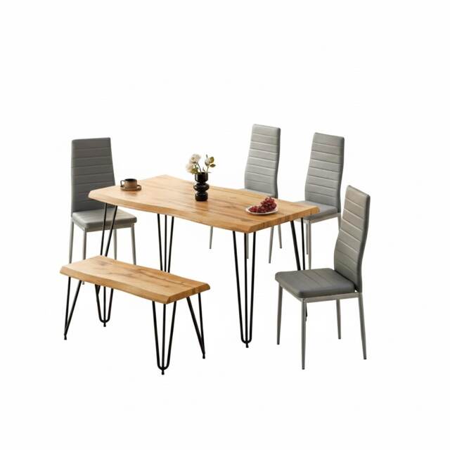 Brown Wooden Dining Table with 4 Grey Chairs and Bench - Dining Kitchen Room Furniture