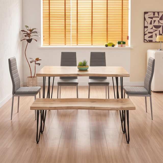 Brown Wooden Dining Table with 4 Grey Chairs and Bench - Dining Kitchen Room Furniture