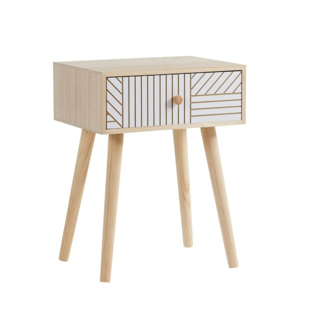 Bedside Table 1 Drawer Carving Design Pine Scandi Wooden Legs Bedroom Furniture
