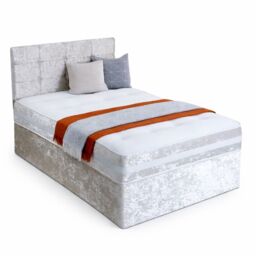 6ft Superking Cream Crushed Velvet Divan Bed Set Orthopaedic Mattress with Cube Headboard 2 Drawers Same Side