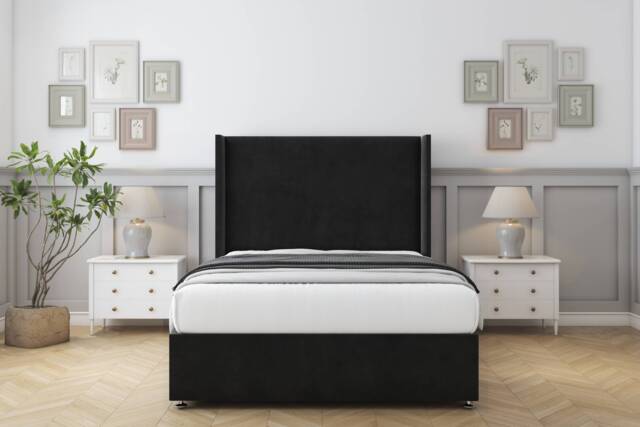 "Sloomy Devonshire Black Plush Divan Bed With Mattress No Drawers With 54"" Wingback Headboard 2'6 Small Single Black Black Small Single 1"