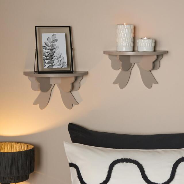 OHS 2 x Bow Shelf Novelty Shelving Units Wall Mounted Storage Brown Natural