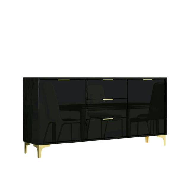 Sideboard 140cm Black High Gloss with Gold Accents Black