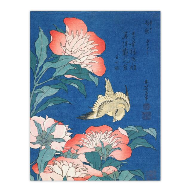 "Canary and Peony Flowers Japan Wall Art Print Katsushika Hokusai 12x16"""