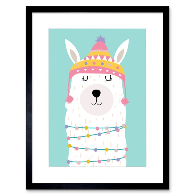 "Llama Cute Winter Hat Girls Bedroom 9x7"" Black Framed Wall Art Print"
