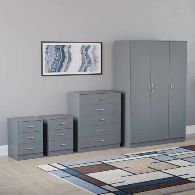 Vida Designs Riano 4 Piece Bedroom Set (2x 3 Drawer Bedside Chest, 5 Drawer Chest, 3 Door Wardrobe) - Grey
