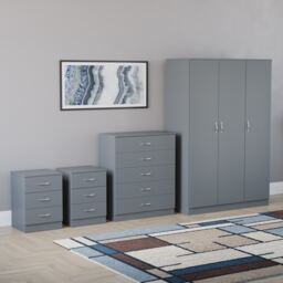 Vida Designs Riano 4 Piece Bedroom Set (2x 3 Drawer Bedside Chest, 5 Drawer Chest, 3 Door Wardrobe) - Grey