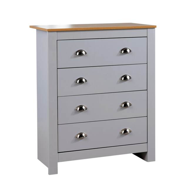 Chest 4 Drawers Bedroom Furniture Oak Top Metal Handles Grey