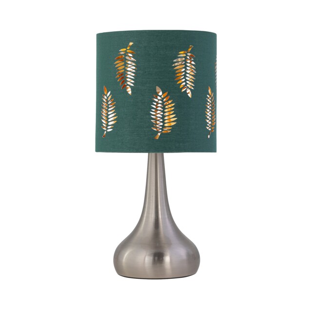 Romana - Brushed Chrome Touch Table Lamp with Dark Green Fern Shade Chrome Satin nickel plate and dark green cotton with gold inner detail 1