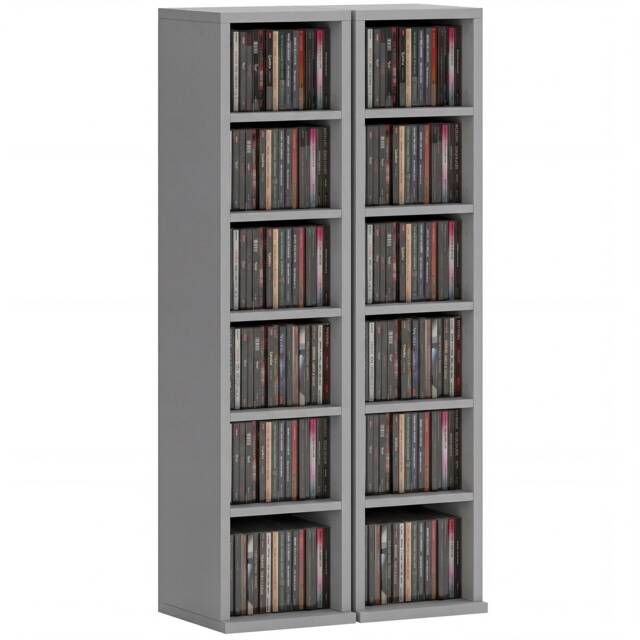 HOMCOM Set of 2 CD Storage Units DVD Shelf with Adjustable Shelves Grey Light Grey 21W x 22.5D x 88.5H cm