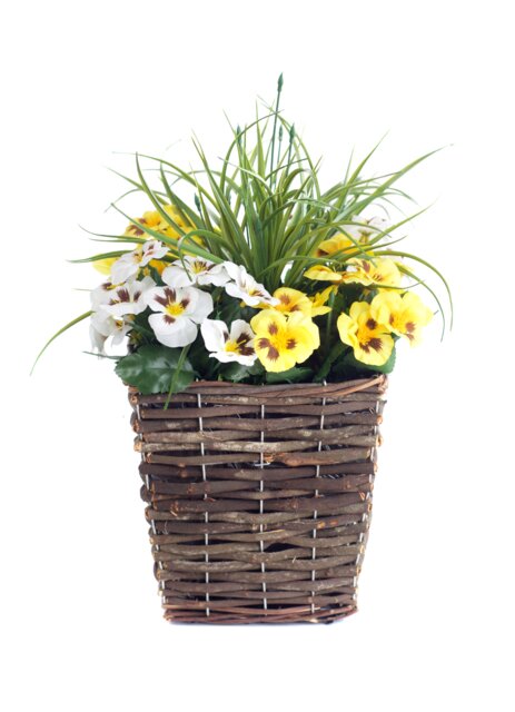 Best Artificial Pre-Made 44cm Yellow & White Pansy Flowers in Rattan Wicker Planter Pot - Suitable For Outside Use Yellow Yellow and White 1