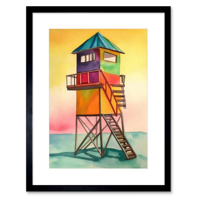 "Rainbow Lifeguard Tower Folk Art Watercolour Painting 9x7"" Black Framed Wall Art Print"