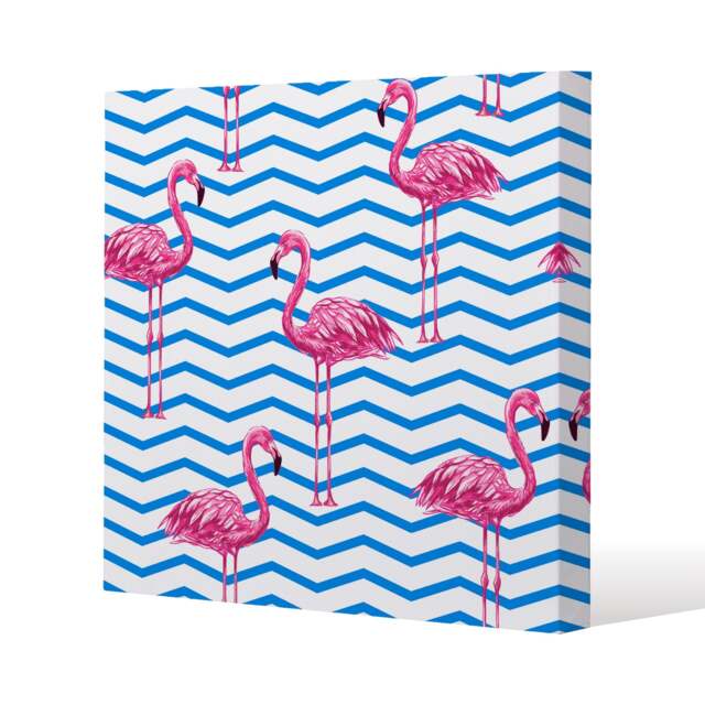 Flamingo & Blue Geometric Lines (Canvas Print) / 90 x 90 x 4cm Multi