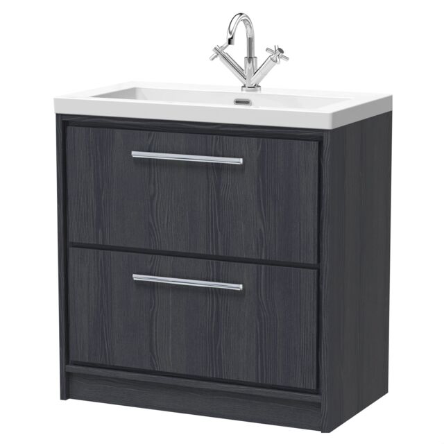 Balterley Longnor 2 Drawer Floor Standing Vanity Unit with 1 Tap Hole Modern Fireclay Basin, Woodgrain Graphite Grey, 800mm