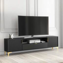 TV Unit TV Stand Sideboard Media Cabinet Storage Black Matt Milled Fluted Fronts Gold Legs Handles Loft Retro Living Room Furniture 200cm
