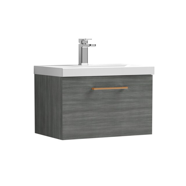 Balterley Wall Hung Bathroom 1 Drawer Vanity Unit and 1 Tap Hole Ceramic Basin, with Handle Grey Anthracite Woodgrain